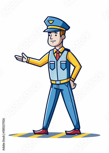 Minimalist male police officer directing traffic. Simple vector illustration of a traffic cop in uniform, isolated character design.

