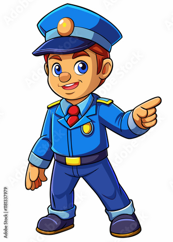 Kawaii police officer character directing traffic with cheerful expression. Cute chibi-style policeman in blue uniform and cap, isolated vector illustration.