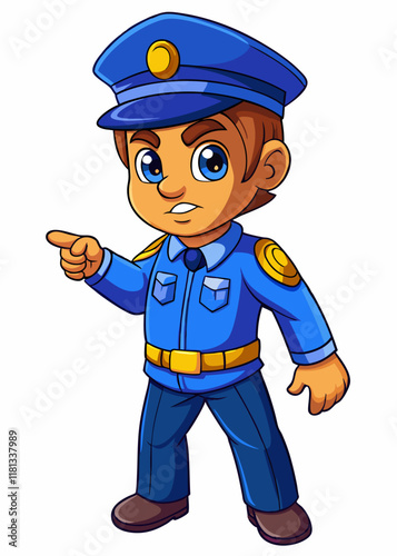 Kawaii police officer character directing traffic with cheerful expression. Cute chibi-style policeman in blue uniform and cap, isolated vector illustration.