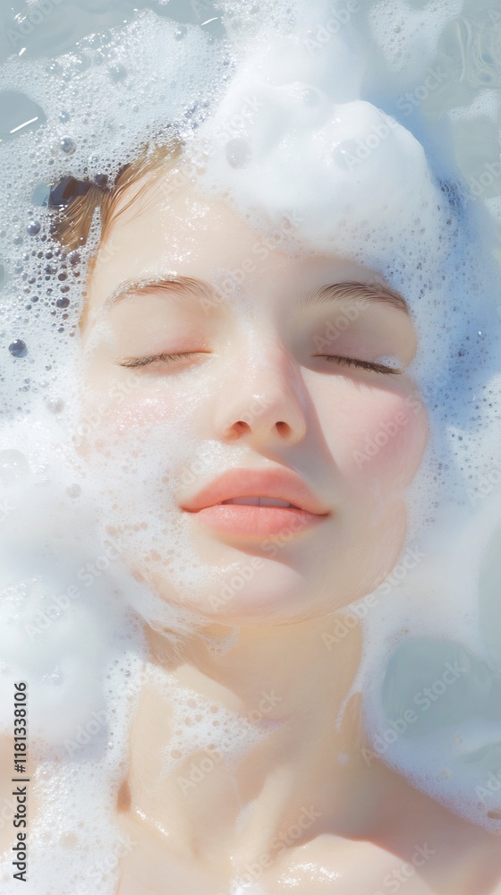 A serene face submerged in bubbles, conveying relaxation and tranquility. A serene face submerged in bubbles, conveying relaxation and tranquility.