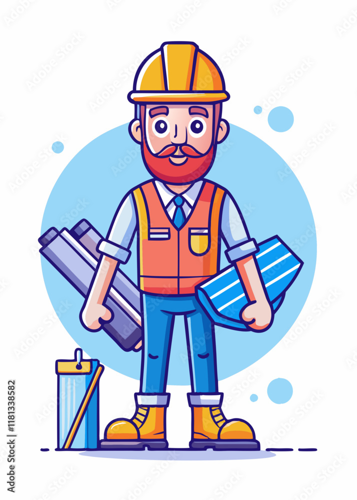 Minimalist construction worker character wearing a hard hat and holding a blueprint. Simple isolated vector illustration of a professional builder in safety gear.
Minimalist construction worker character wearing a hard hat and holding a blueprint. Simple isolated vector illustration of a professional builder in safety gear.