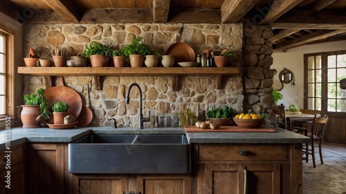 a cozy rustic kitchen with exposed eropa stlye photo