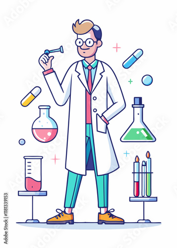 Minimalist Illustration Of Smiling scientist in lab coat holding test tubes in modern laboratory.