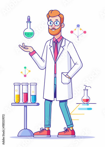 Minimalist Illustration Of Smiling scientist in lab coat holding test tubes in modern laboratory.