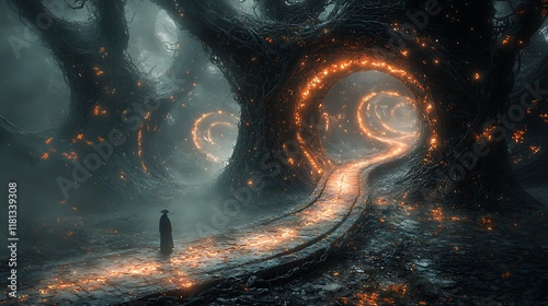 A solitary figure journeys along an ethereal path illuminated by fiery portals within a mystical, dark forest. photo