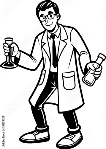 Line art of Male scientist in lab coat conducting experiment with test tubes.