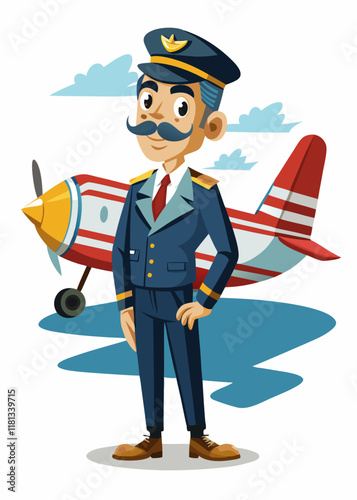 Professional airline pilot standing confidently in uniform against airplane. Experienced aviator ready for flight, isolated character vector illustration.
