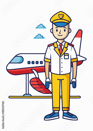 Minimalist illustration of pilot in formal uniform posing in front of airplane.