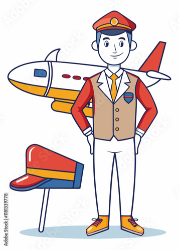 Minimalist illustration of pilot in formal uniform posing in front of airplane.
