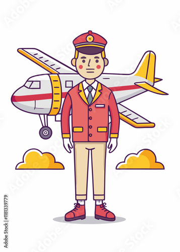 Minimalist illustration of pilot in formal uniform posing in front of airplane.