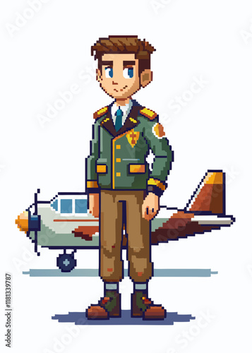 Pixelated pilot in uniform standing against airplane. Retro 8-bit aviation character, isolated vector illustration. Professional airline captain in pixel art style.