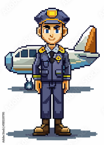 Pixelated pilot in uniform standing against airplane. Retro 8-bit aviation character, isolated vector illustration. Professional airline captain in pixel art style.