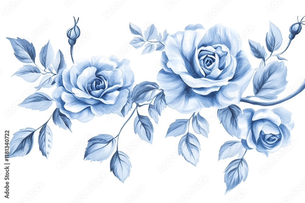 Fototapeta premium Dreamy Light Blue Rose Pencil Sketch on White Canvas