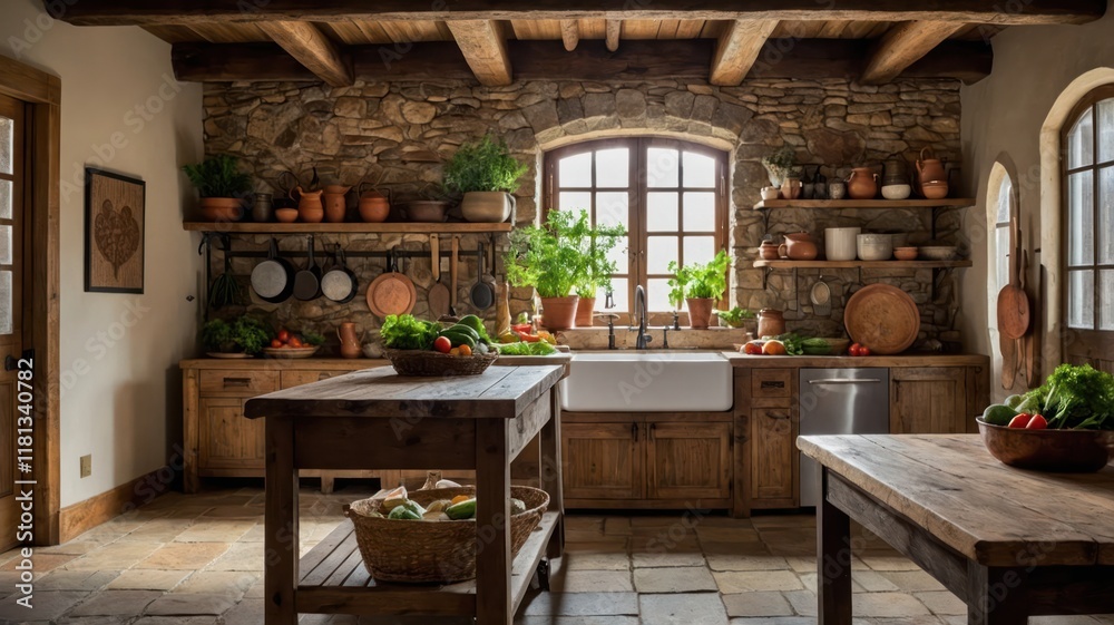 Fototapeta premium a cozy rustic kitchen with exposed eropa stlye