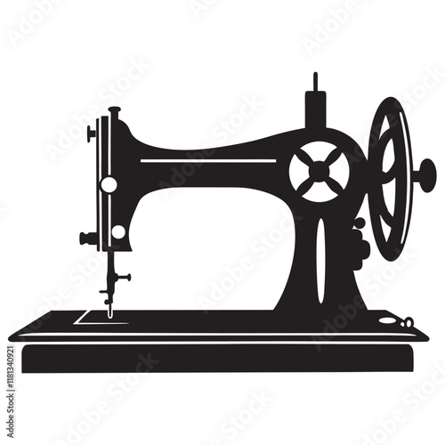 Sewing machine on a worktable with fabric pieces silhouette. Vector illustration