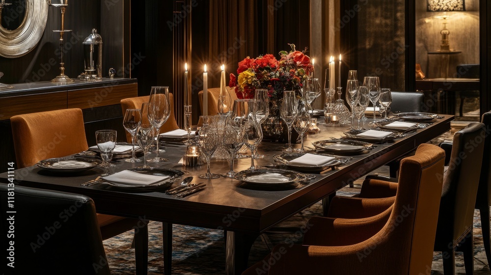 Elegant candlelit dinner table setting, plush chairs. Elegant candlelit dinner table setting, plush chairs.