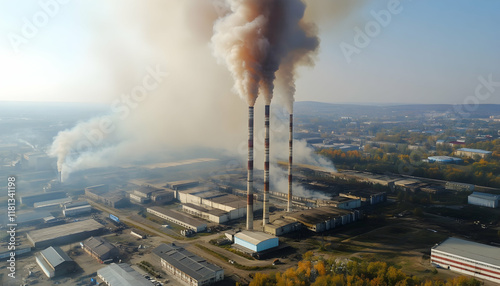 Industrial smokestacks releasing thick pollution, illustrating environmental impact  - photo