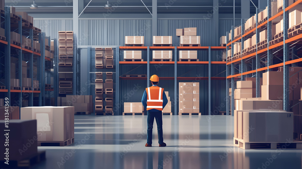 Obraz premium Industrial warehouse with a business owner managing logistics and inventory for efficient operations and delivery -