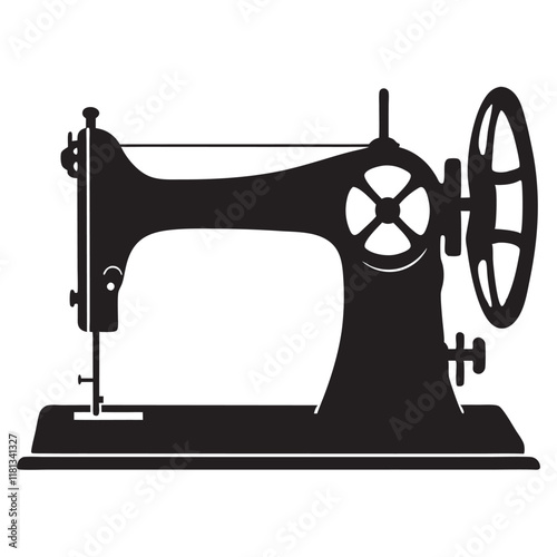 Sewing machine on a worktable with fabric pieces silhouette. Vector illustration