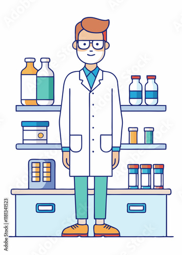 Minimalist Illustration Of Professional male pharmacist standing behind a counter with medicine bottles. 