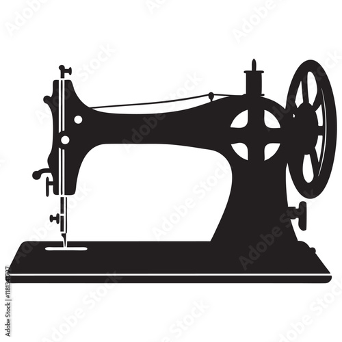 Sewing machine on a worktable with fabric pieces silhouette. Vector illustration