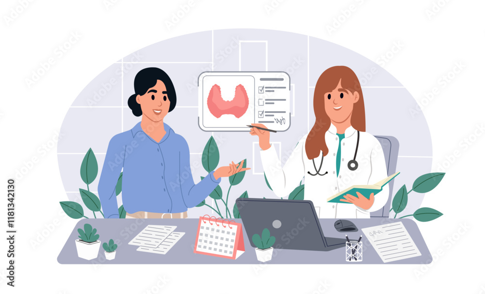 Thyroid health concept. Thyroid awareness month. Endocrinologist deal with the diagnosis and treatment of the human thyroid. Vector illustration in flat style Thyroid health concept. Thyroid awareness month. Endocrinologist deal with the diagnosis and treatment of the human thyroid. Vector illustration in flat style