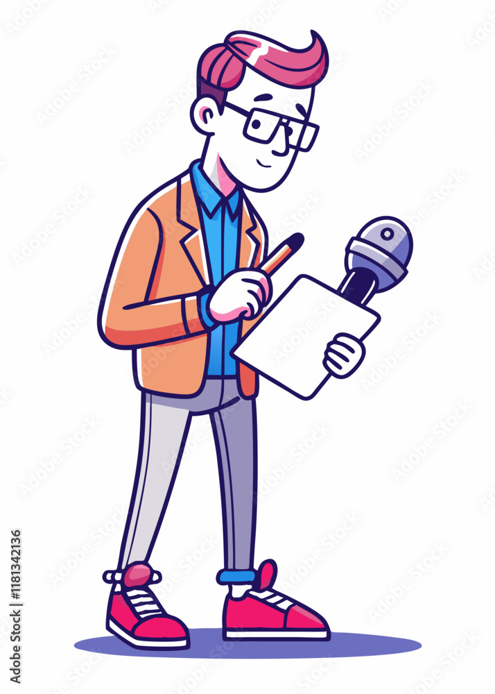 Minimalist illustration of  male reporter in professional attire, covering live events and breaking news.