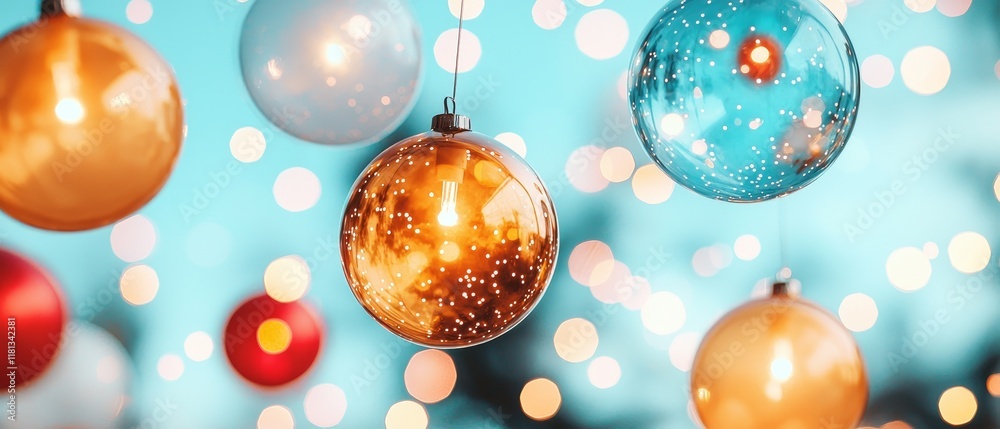 Fototapeta premium Sparkling Christmas Ornaments Hanging Festive Holiday Decorations Bokeh Lights Background