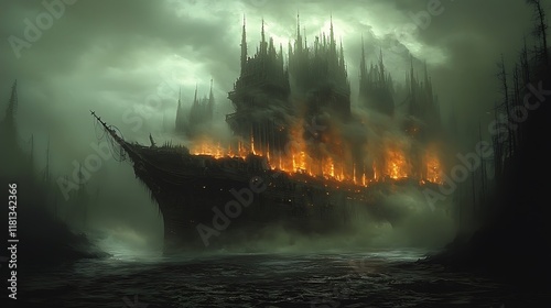 A gothic galleon engulfed in flames and shrouded in mist, adrift in a dark and desolate swamp. photo