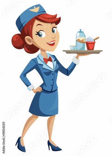 Una elegante azafata uniformada sirve bebidas a los pasajeros. Una azafata profesional ofrece servicio a bordo con una cálida sonrisa.