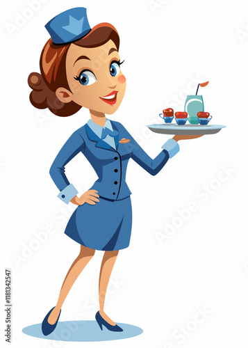 Una elegante azafata uniformada sirve bebidas a los pasajeros. Una azafata profesional ofrece servicio a bordo con una cálida sonrisa.