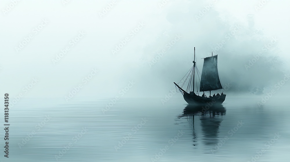Obraz premium A lone sailing ship navigates a misty sea, its silhouette reflected in the calm water.