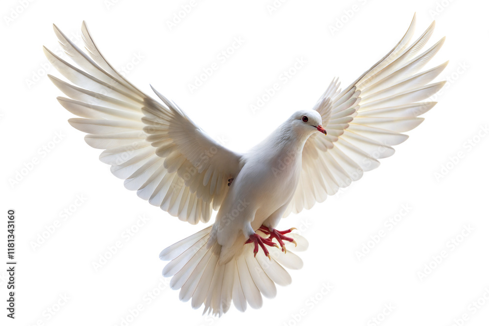 Obraz premium Majestic white dove in flight with expansive wings gracefully soaring against a transparent background