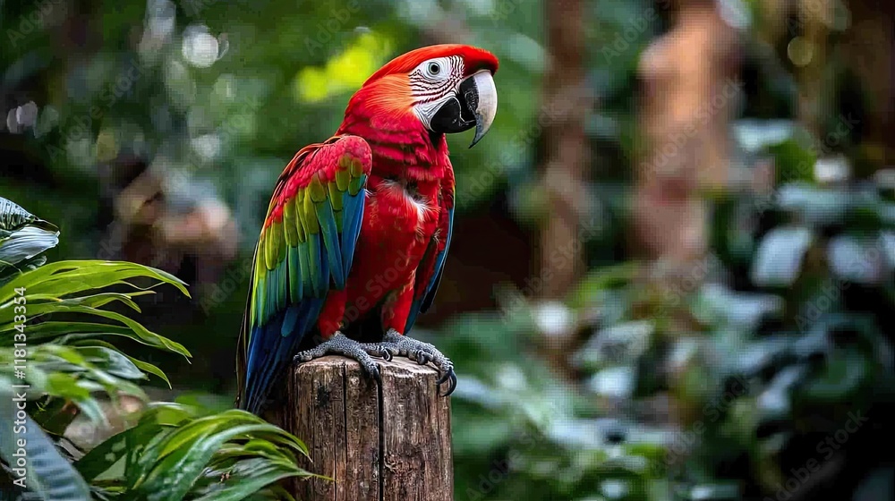 Obraz premium A vibrant parrot perched on a wooden post amidst lush greenery.