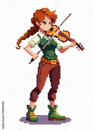Pixelated Female musician playing violin , Isolated Character