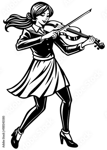 Line Art Of Female musician playing classical violin .