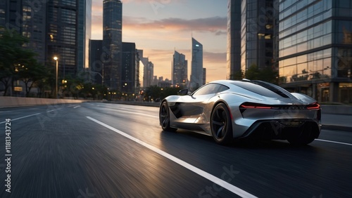 Sleek Silver Sports Car in Urban Sunset Cityscape