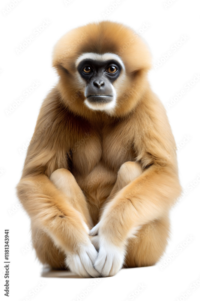 Gibbon sitting calmly with hands placed on its lap and a thoughtful expression against a transparent background Gibbon sitting calmly with hands placed on its lap and a thoughtful expression against a transparent background