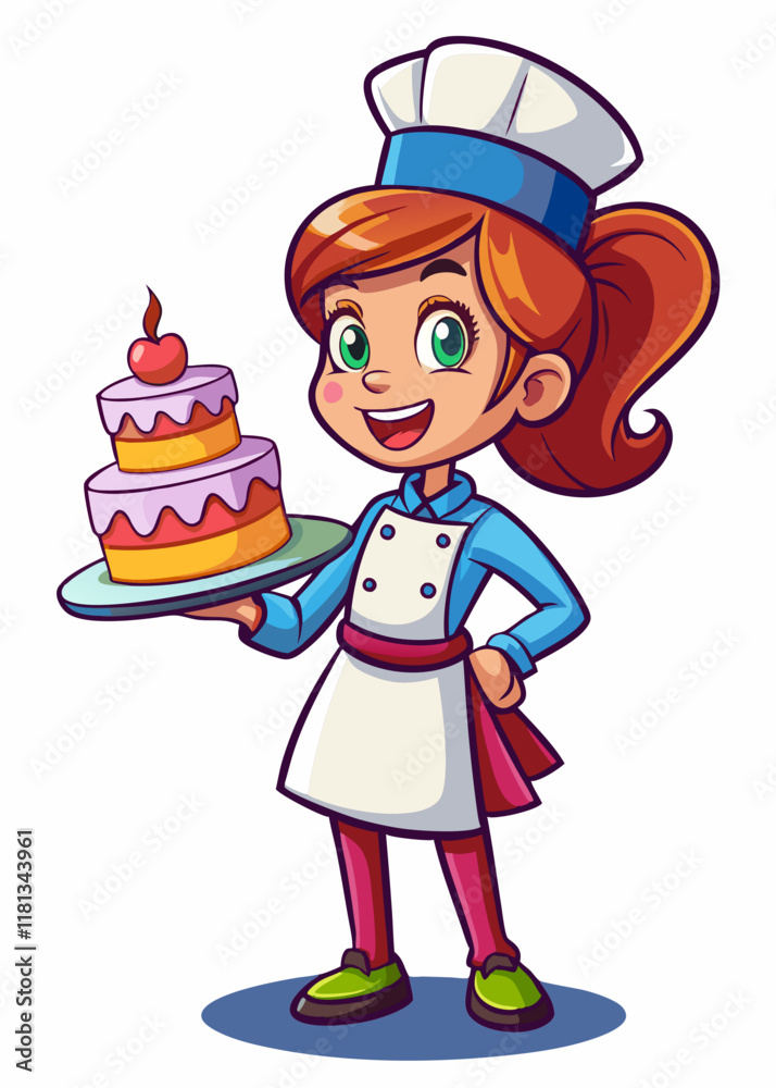 Smiling female chef preparing decorative cake. Isolated female character chef with a cake, culinary art, professional baker.
Smiling female chef preparing decorative cake. Isolated female character chef with a cake, culinary art, professional baker.