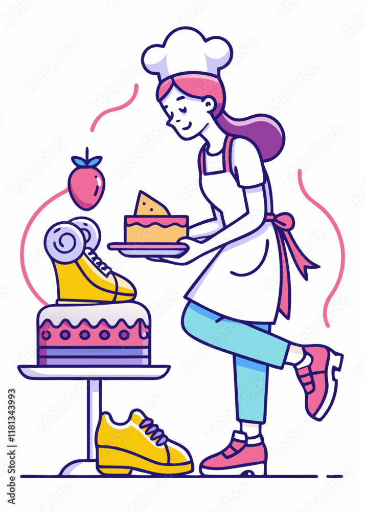 Mnimalist Smiling female chef preparing decorative cake. Mnimalist Smiling female chef preparing decorative cake.