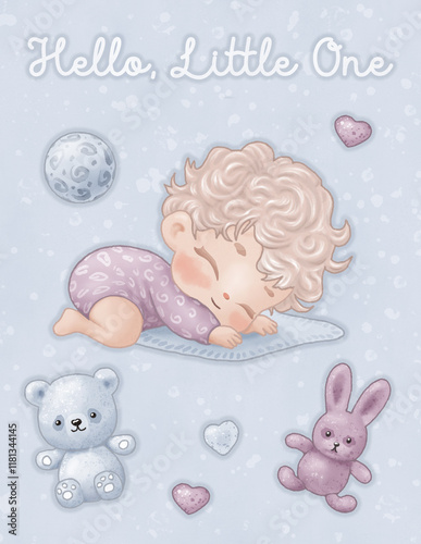 Newborn greeting card including a cartoon cute sleeping baby and soft toys (bear, bunny, hearts), decorated in pastel lilac and blue colors