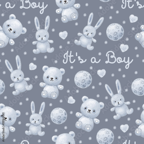 Seamless pattern of drawn soft toys in muted blue color (bear, bunny, ball, hearts) and the inscription It’s a boy