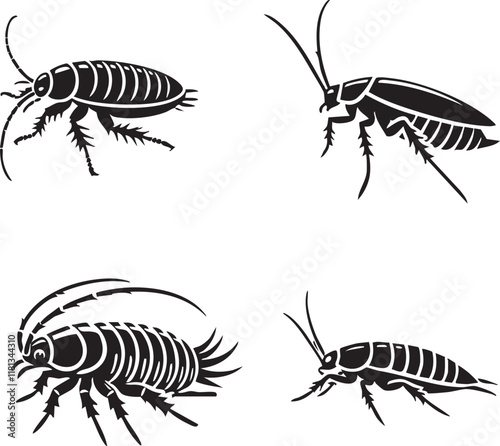 "4 Set of Elegant Vector Silhouettes of the Forest Roach on a Pristine White Background"