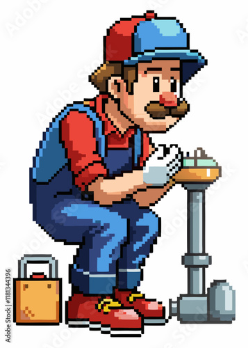 Pixelated plumber fixing sink pipe. Plumber Character Vector.