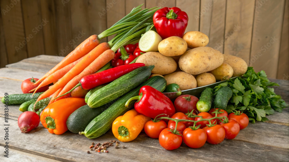A large pile of various fresh vegetables gathered together, tomatoes, carrots, peppers, cabbage, beets, onions, garlic, herbs and other products symbolizing the richness and variety of the harvest. A large pile of various fresh vegetables gathered together, tomatoes, carrots, peppers, cabbage, beets, onions, garlic, herbs and other products symbolizing the richness and variety of the harvest.