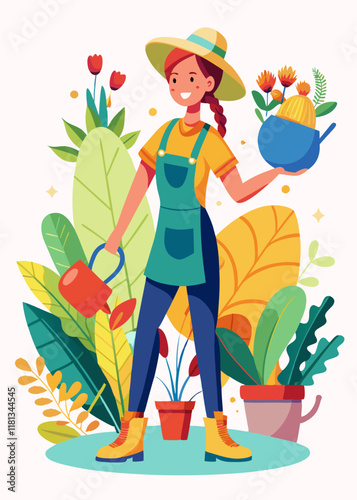 Female gardener planting flowers. Woman gardener working on planting colorful flowers

