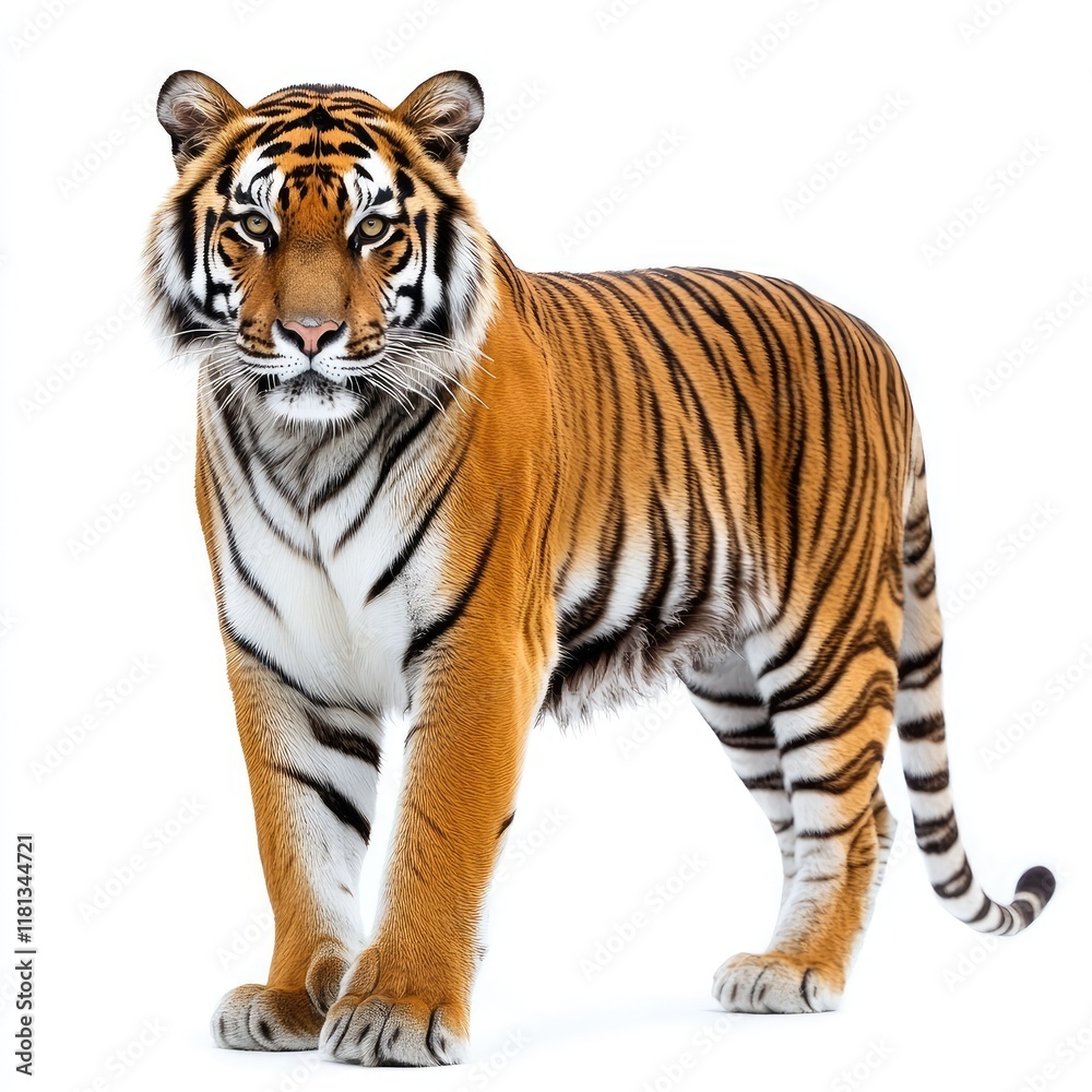 Fototapeta premium A majestic tiger standing confidently against a white background.