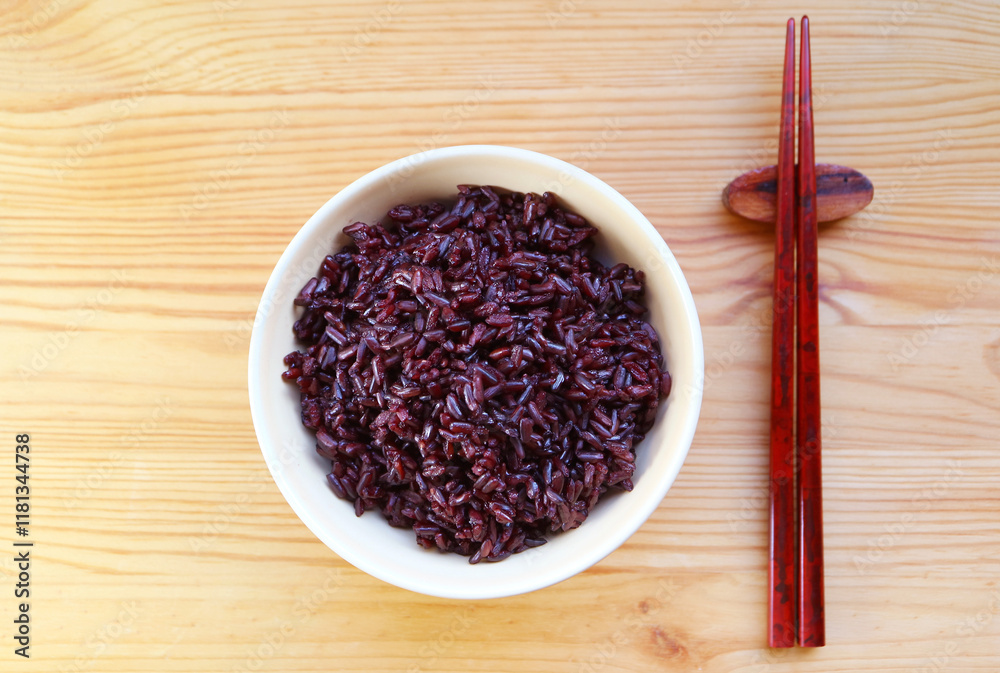 Bowl of Tasty and Aromatic Riceberry Rice, a Medium to Low Glycemic Index Carb with Numerous Health Benefits Bowl of Tasty and Aromatic Riceberry Rice, a Medium to Low Glycemic Index Carb with Numerous Health Benefits