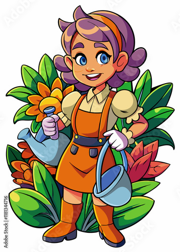 Kawaii Female gardener planting flowers. Woman gardener working on planting colorful flowers

