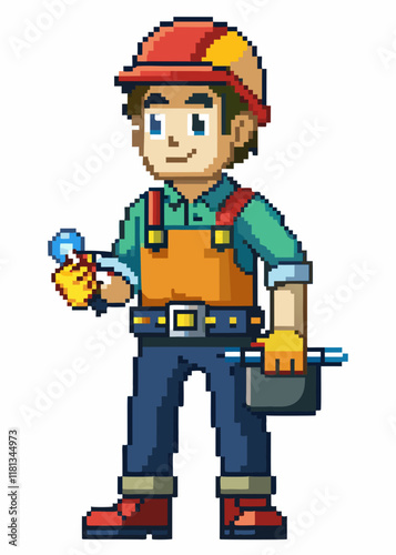 Pixelated Electrician in work uniform with toolbox